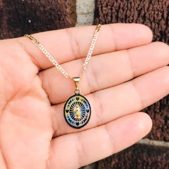 Tri Color Our Lady of Guadalupe Necklace 18" 14K GF Pendant 20x14mm For Womens - Picture 2 of 11